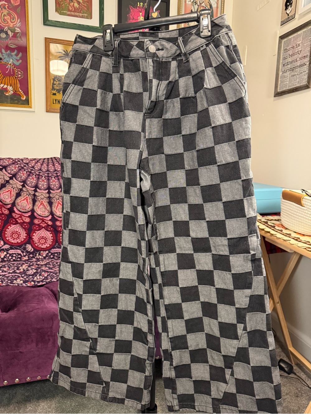 Black and Gray Checkerboard Wide-Leg Pants
